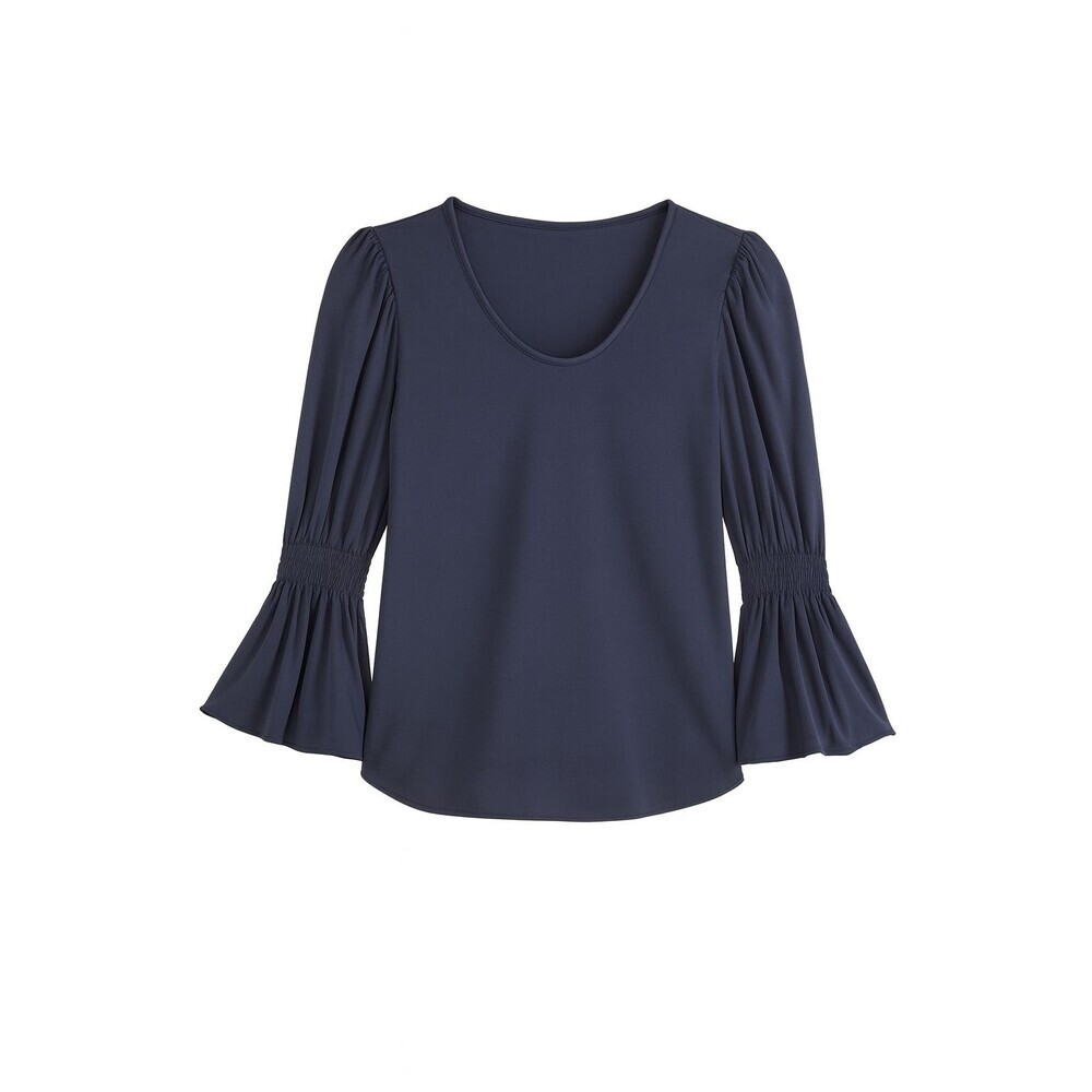⭐ Ann Taylor Women’s Navy Blouse Size XS Bell Sleeve Ruffle Scoop Neck - Picture 3 of 9